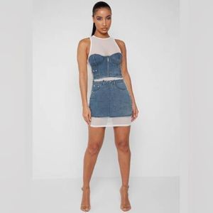 Maniere De Voir Denim and Sheer White Mini Dress